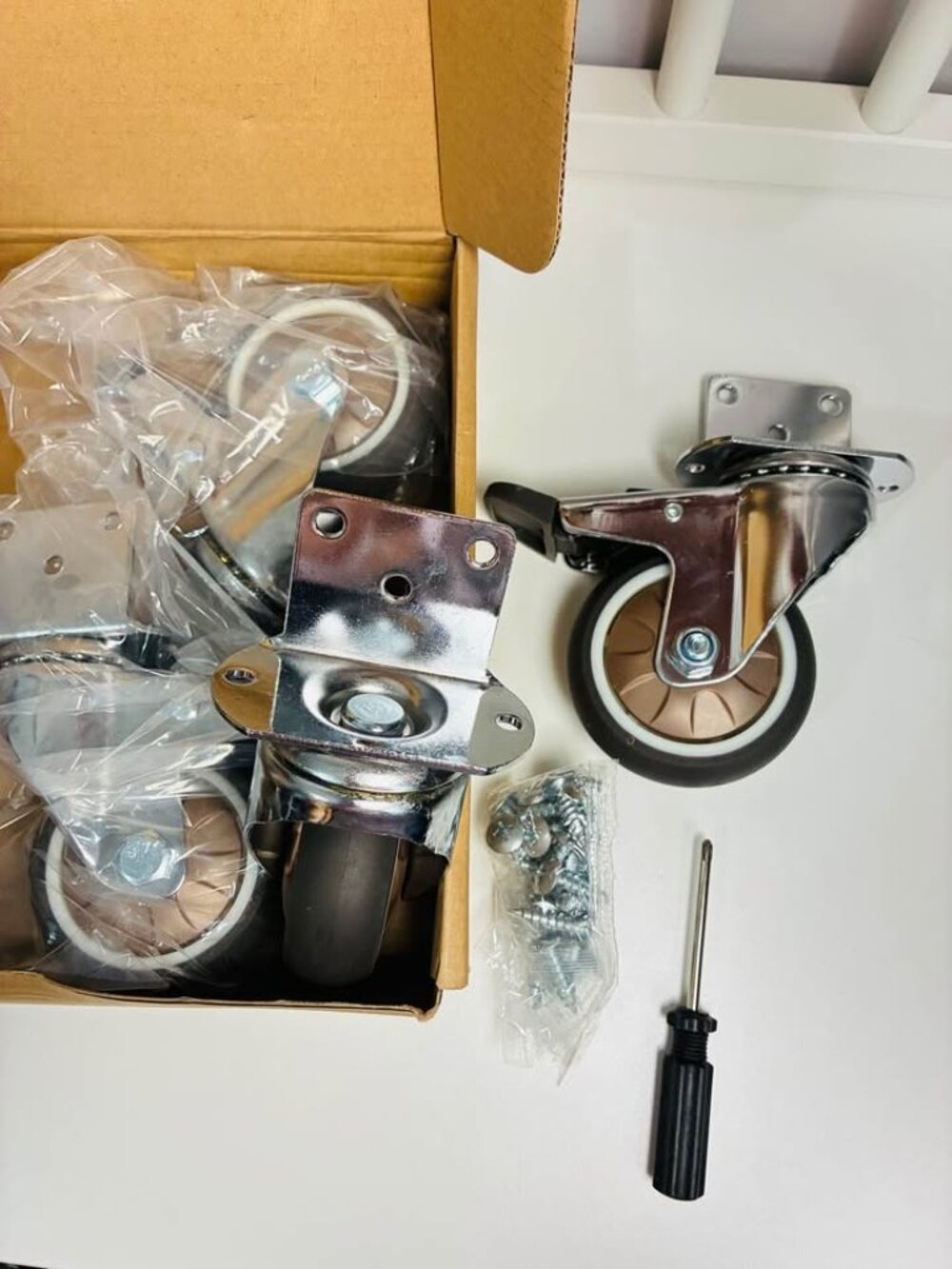 Side Mount Casters Wheels, 3 Inch L-Shaped Small Rubber Caster Set of 4, 360 Deg